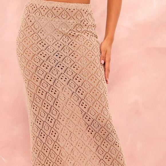 Prettylittlething Taupe Textured Rib Low Rise Midaxi Skirt Size UK 10 US 6 NEW - Picture 10 of 11